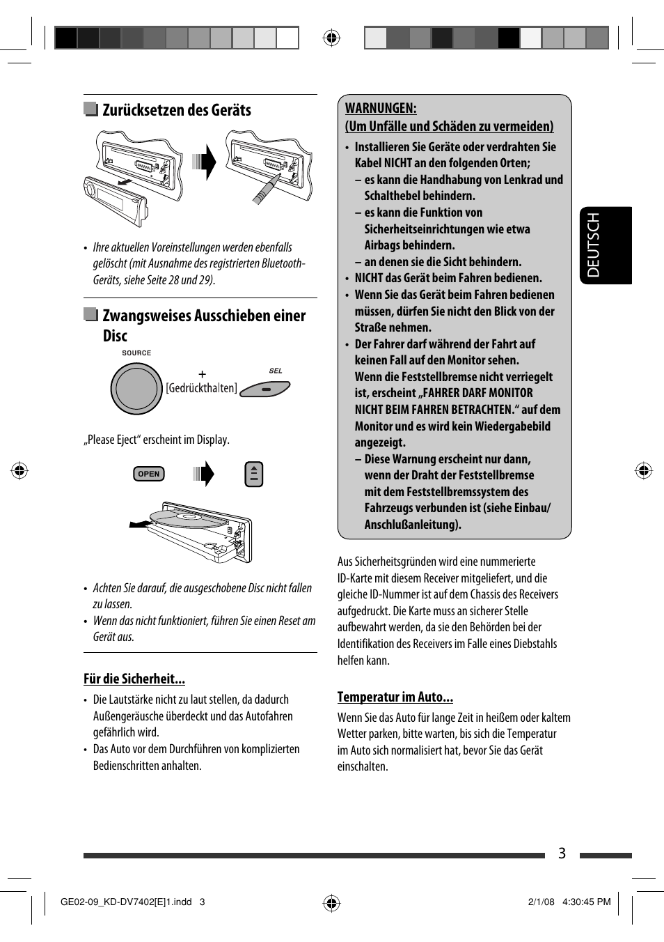 Zurücksetzen des geräts, Zwangsweises ausschieben einer disc, 3deutsch | JVC DVD/CD Receiver KD-DV7401 User Manual | Page 69 / 267