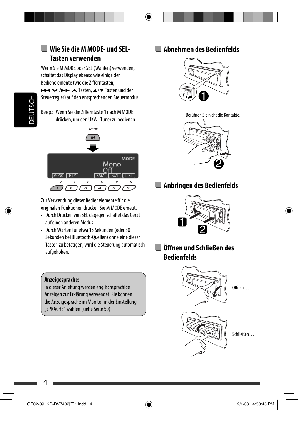 Wie sie die m mode- und sel- tasten verwenden, 4deutsch | JVC DVD/CD Receiver KD-DV7401 User Manual | Page 70 / 267