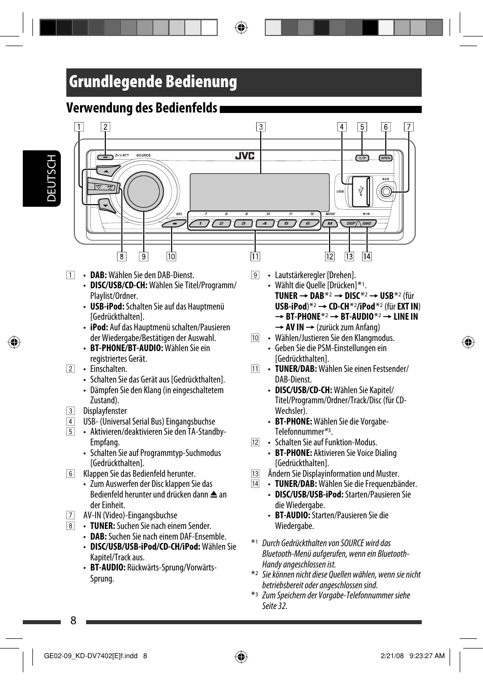 Grundlegende bedienung, Verwendung des bedienfelds, 8deutsch | JVC DVD/CD Receiver KD-DV7401 User Manual | Page 74 / 267