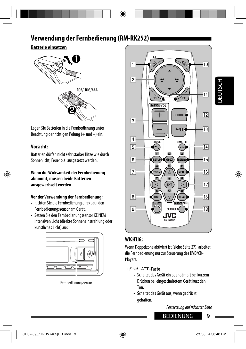 Verwendung der fernbedienung (rm-rk252), 9bedienung deutsch | JVC DVD/CD Receiver KD-DV7401 User Manual | Page 75 / 267