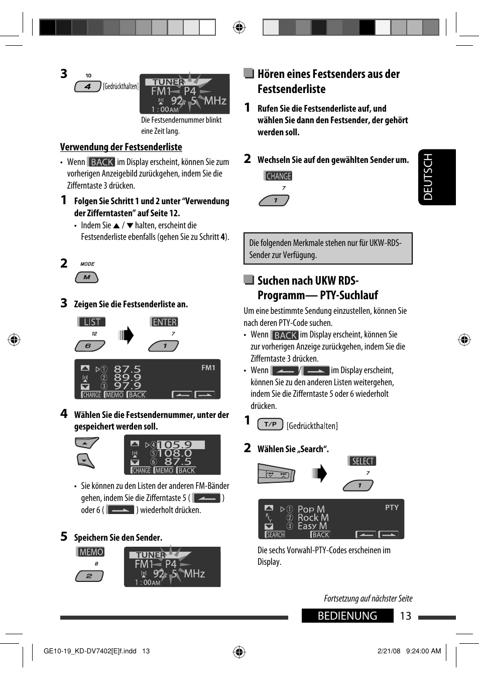 Hören eines festsenders aus der festsenderliste, Suchen nach ukw rds- programm— pty-suchlauf | JVC DVD/CD Receiver KD-DV7401 User Manual | Page 79 / 267