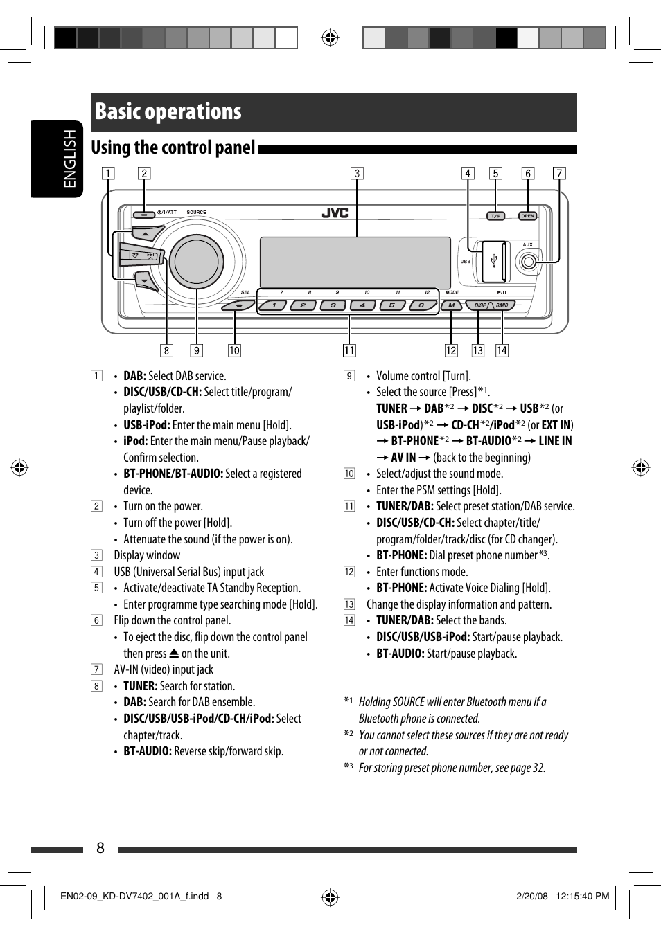 Basic operations, Using the control panel, English 8 | JVC DVD/CD Receiver KD-DV7401 User Manual | Page 8 / 267