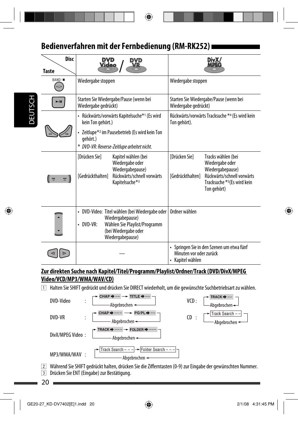 Bedienverfahren mit der fernbedienung (rm-rk252), 20 deutsch | JVC DVD/CD Receiver KD-DV7401 User Manual | Page 86 / 267