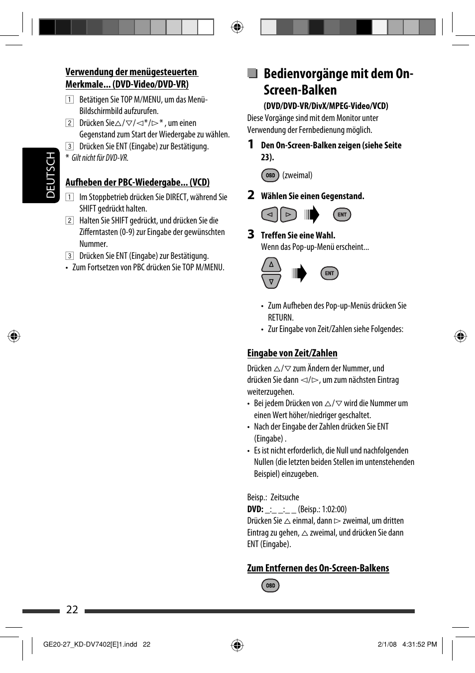 Bedienvorgänge mit dem on- screen-balken, 22 deutsch | JVC DVD/CD Receiver KD-DV7401 User Manual | Page 88 / 267