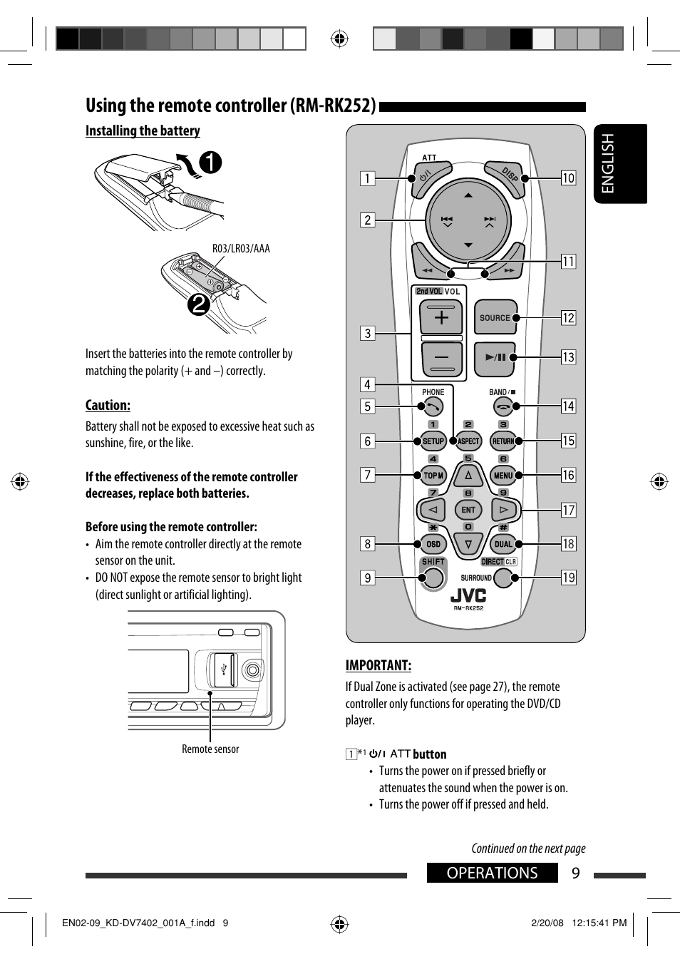 Using the remote controller (rm-rk252), English 9 operations | JVC DVD/CD Receiver KD-DV7401 User Manual | Page 9 / 267