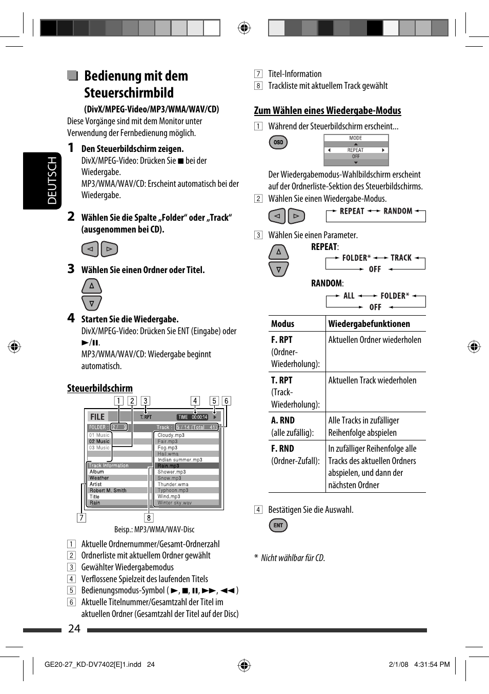 Bedienung mit dem steuerschirmbild, 24 deutsch | JVC DVD/CD Receiver KD-DV7401 User Manual | Page 90 / 267