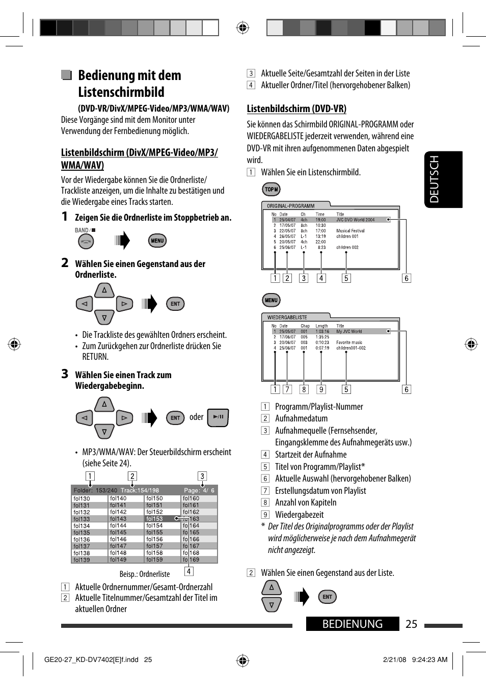 Bedienung mit dem listenschirmbild, 25 bedienung deutsch | JVC DVD/CD Receiver KD-DV7401 User Manual | Page 91 / 267