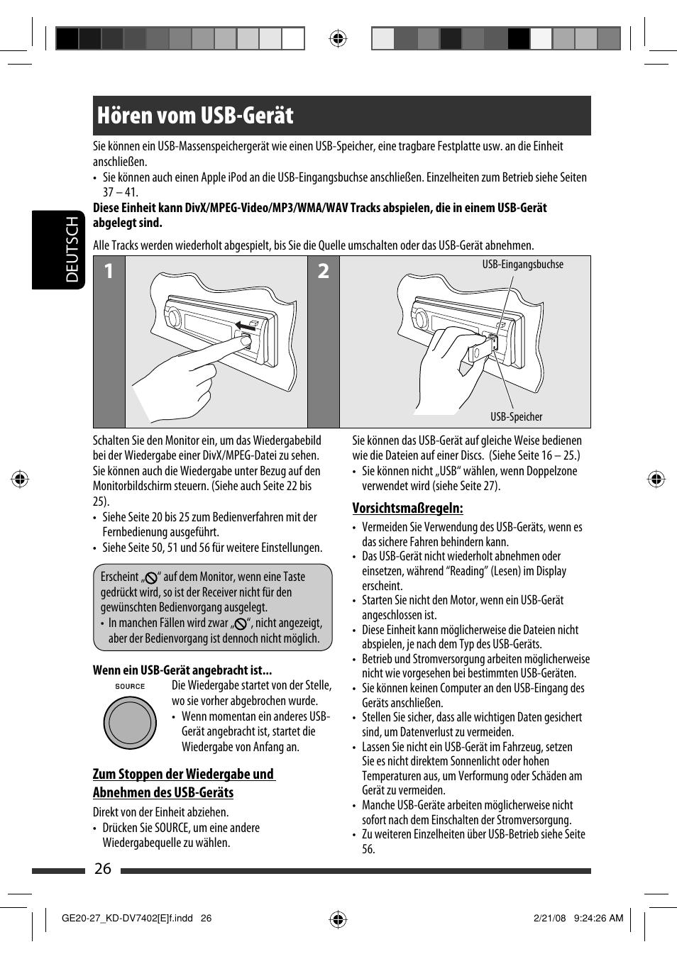 Hören vom usb-gerät, 26 deutsch | JVC DVD/CD Receiver KD-DV7401 User Manual | Page 92 / 267