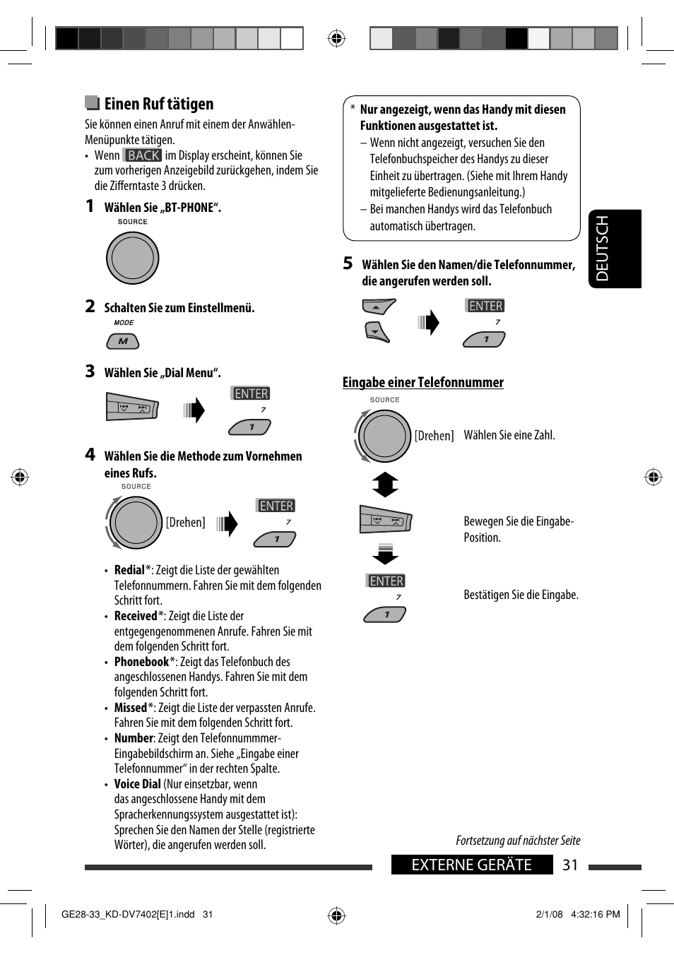 Einen ruf tätigen | JVC DVD/CD Receiver KD-DV7401 User Manual | Page 97 / 267