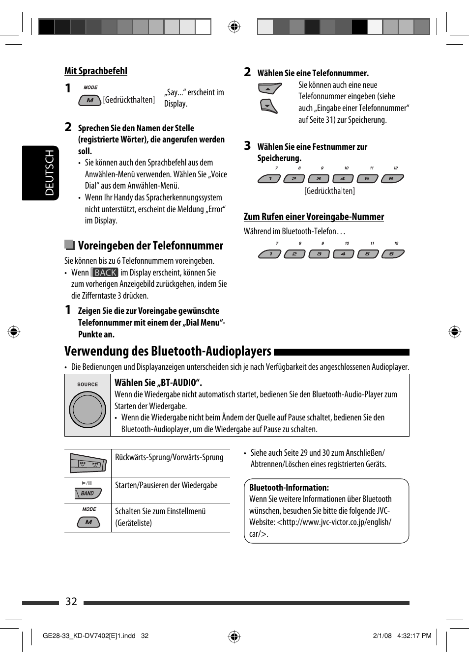 Verwendung des bluetooth-audioplayers, Voreingeben der telefonnummer | JVC DVD/CD Receiver KD-DV7401 User Manual | Page 98 / 267