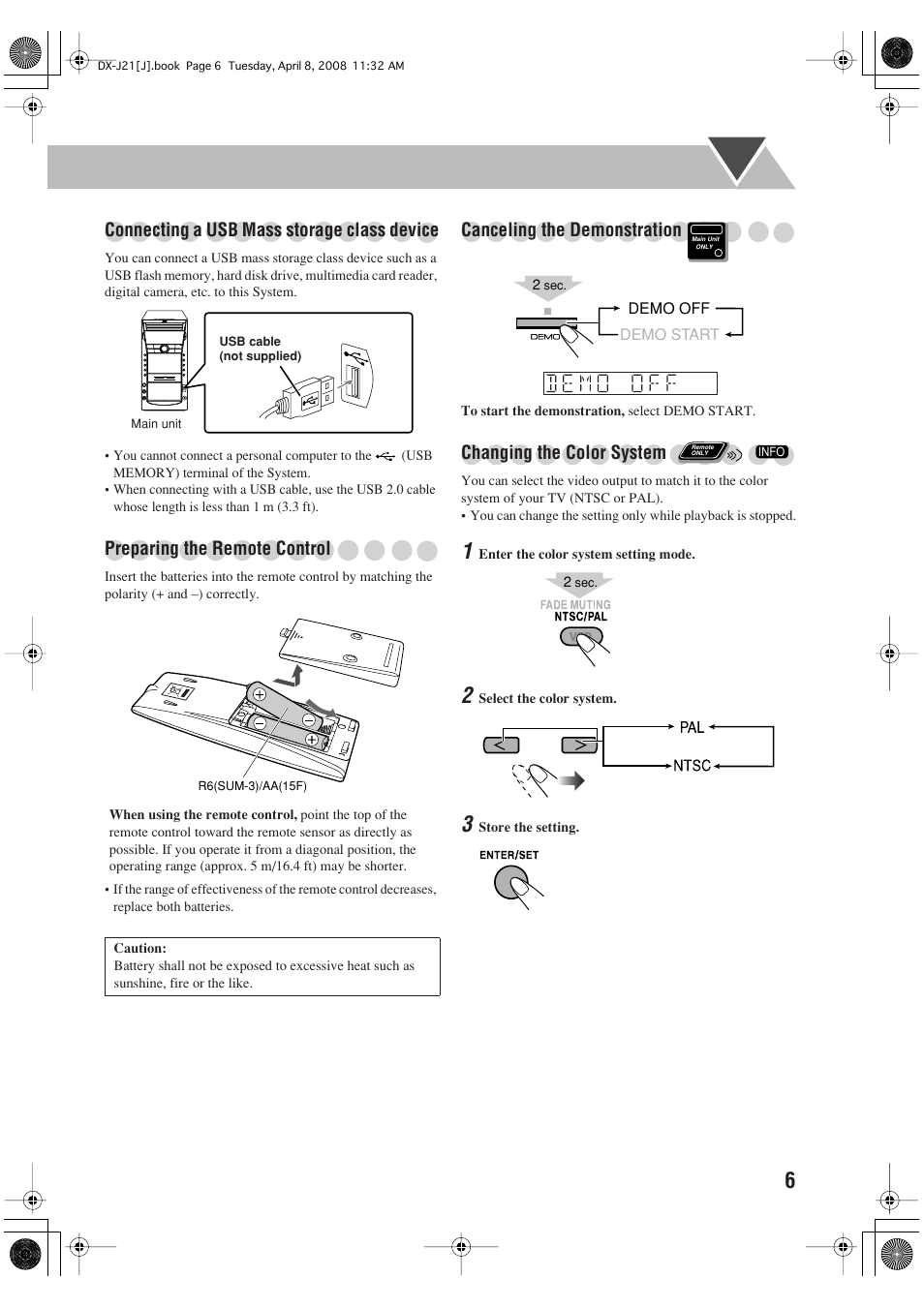 Connecting a usb mass storage class device, Preparing the remote control, Canceling the demonstration | Changing the color system | JVC CA-DXJ36 User Manual | Page 115 / 160