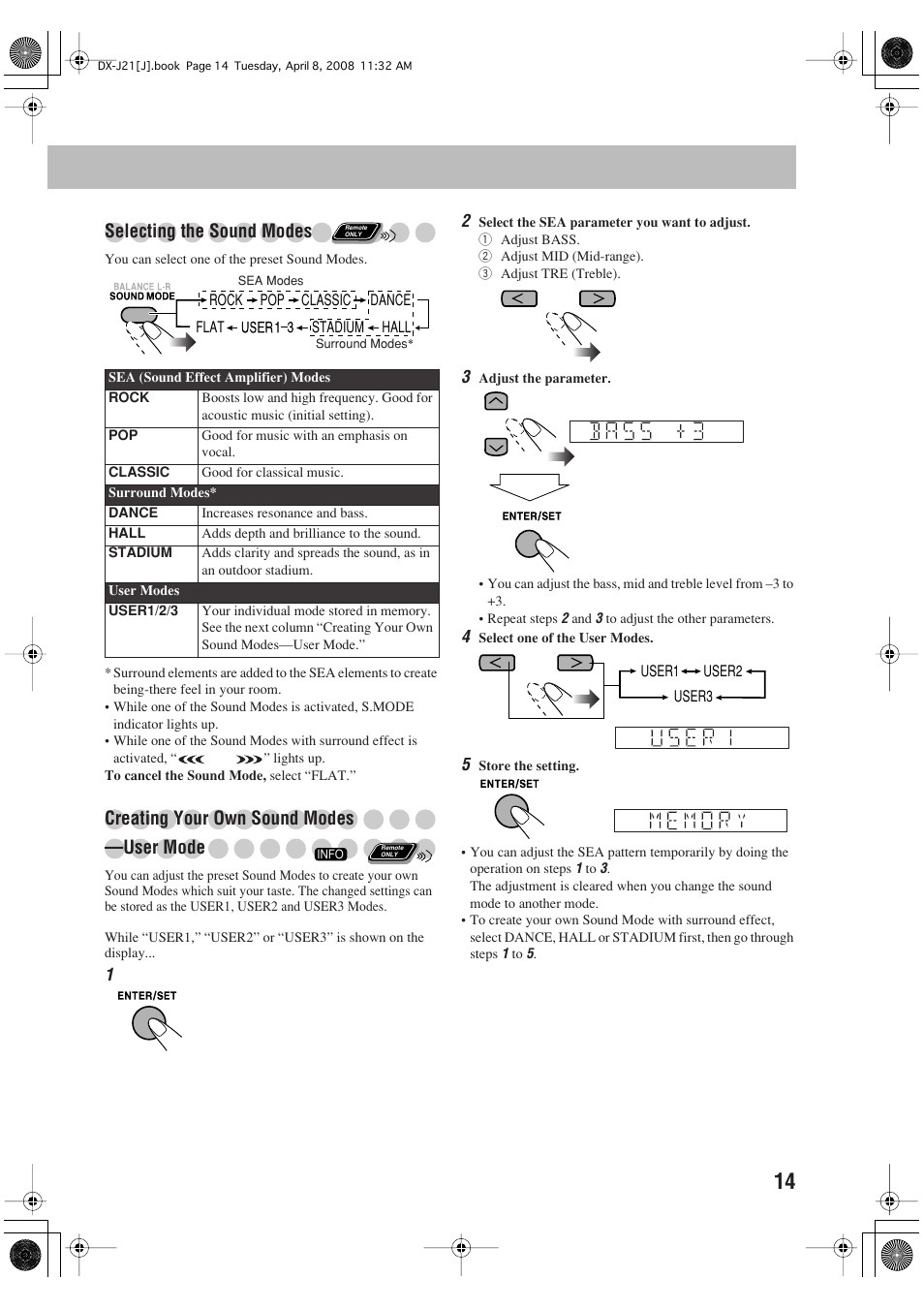 Selecting the sound modes, Creating your own sound modes —user mode | JVC CA-DXJ36 User Manual | Page 123 / 160