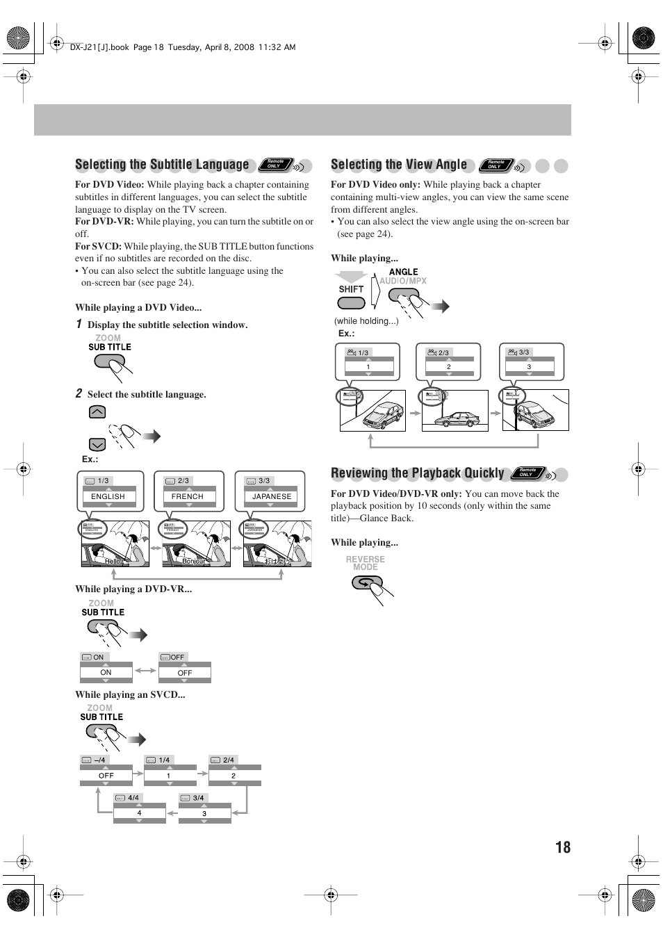 Selecting the subtitle language, Selecting the view angle, Reviewing the playback quickly | JVC CA-DXJ36 User Manual | Page 127 / 160