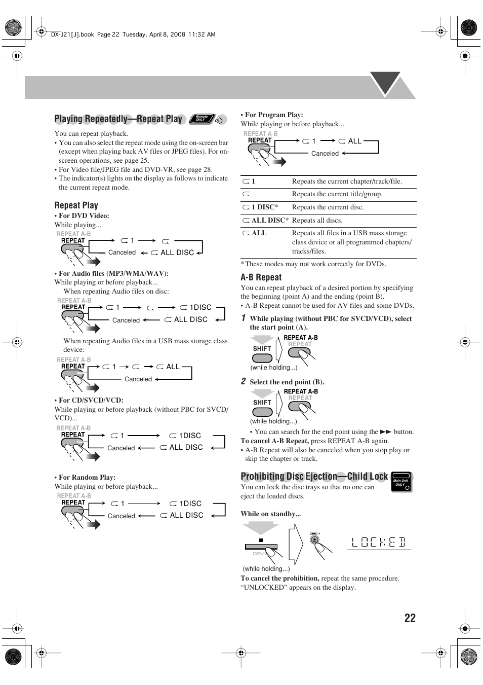 Playing repeatedly—repeat play, Prohibiting disc ejection—child lock | JVC CA-DXJ36 User Manual | Page 131 / 160