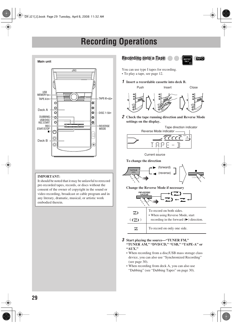 Recording operations, Recording onto a tape | JVC CA-DXJ36 User Manual | Page 138 / 160