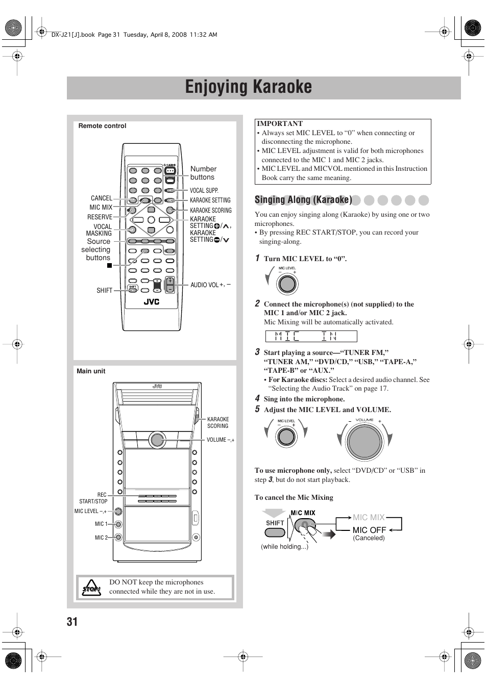 Enjoying karaoke, Singing along (karaoke) | JVC CA-DXJ36 User Manual | Page 140 / 160