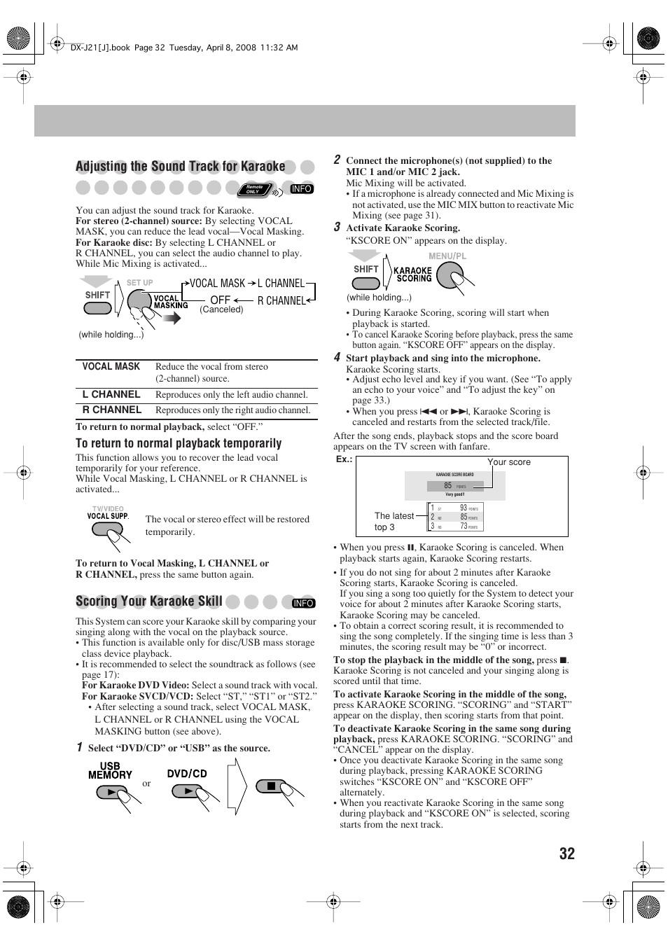 Adjusting the sound track for karaoke, Scoring your karaoke skill | JVC CA-DXJ36 User Manual | Page 141 / 160