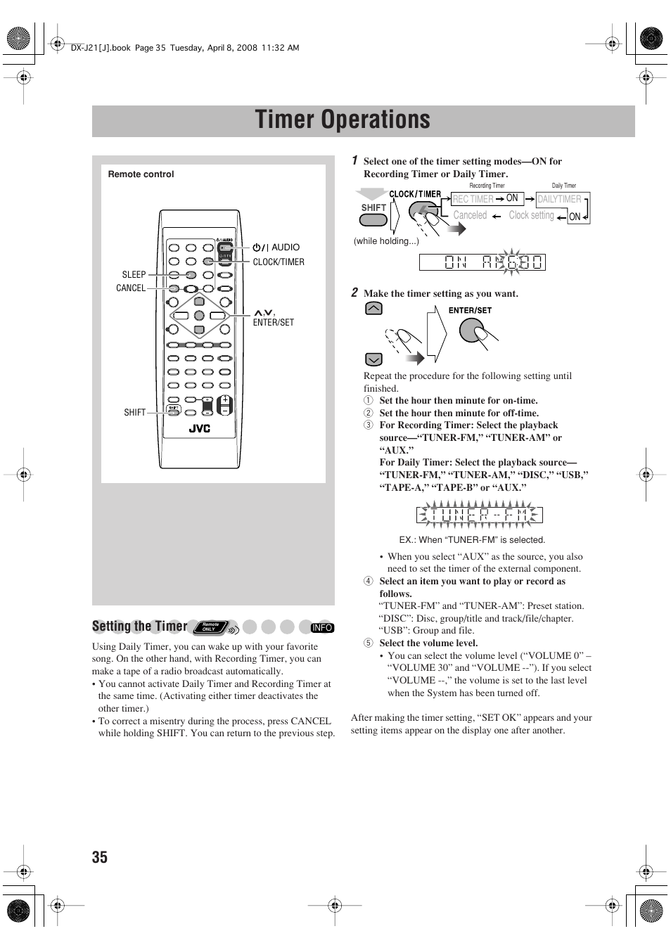 Timer operations, Setting the timer | JVC CA-DXJ36 User Manual | Page 144 / 160