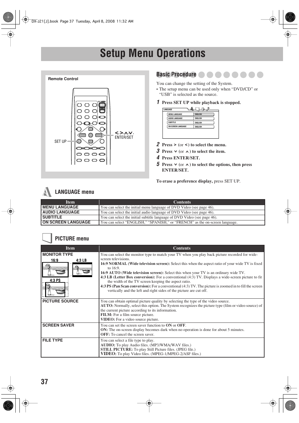 Setup menu operations, Basic procedure, Language menu picture menu | JVC CA-DXJ36 User Manual | Page 146 / 160