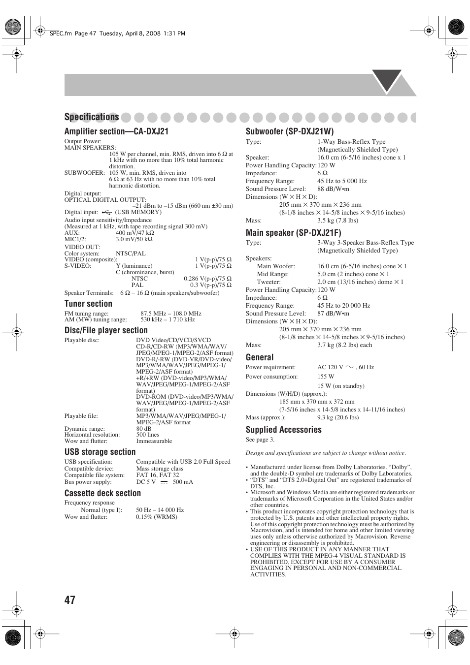 Specifications, Subwoofer (sp-dxj21w), Main speaker (sp-dxj21f) | General, Supplied accessories | JVC CA-DXJ36 User Manual | Page 156 / 160