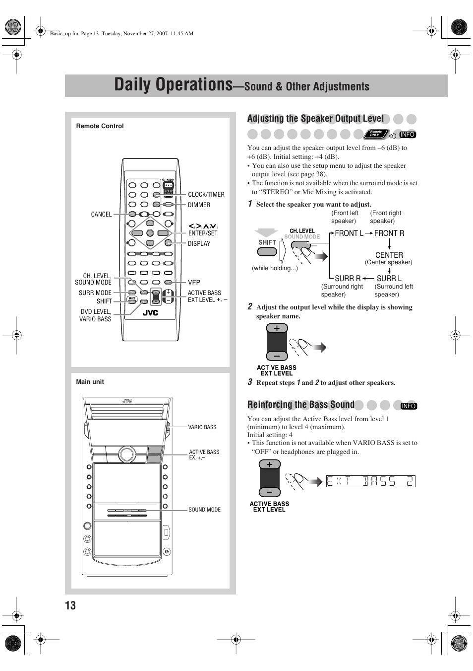 Daily operations —sound & other adjustments, Daily operations, Sound & other adjustments | Adjusting the speaker output level, Reinforcing the bass sound | JVC CA-DXJ36 User Manual | Page 16 / 160