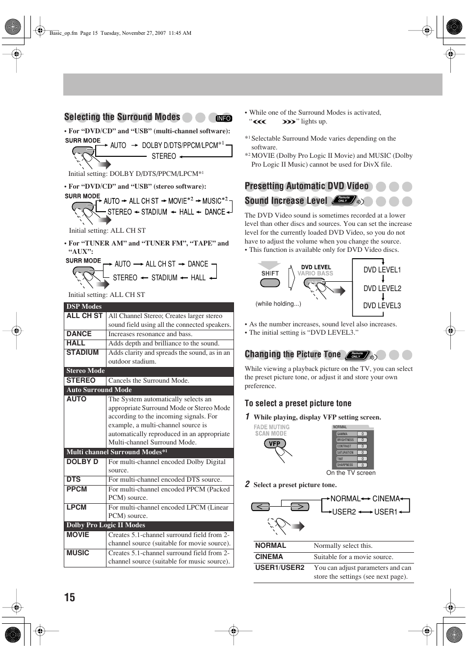 Selecting the surround modes, Changing, The picture tone | JVC CA-DXJ36 User Manual | Page 18 / 160