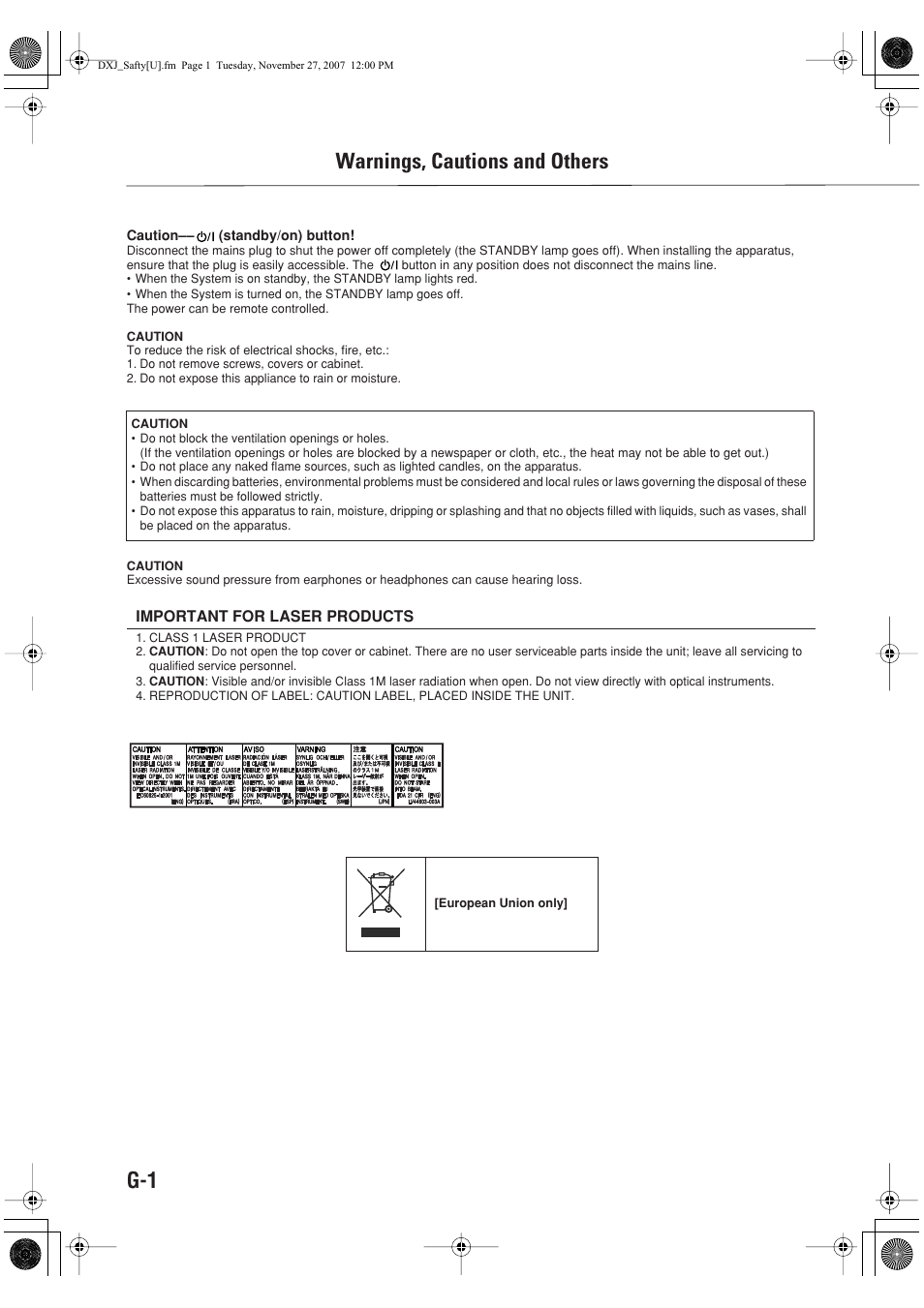 Warnings, cautions and others, Important for laser products, G-1 warnings, cautions and others | JVC CA-DXJ36 User Manual | Page 2 / 160
