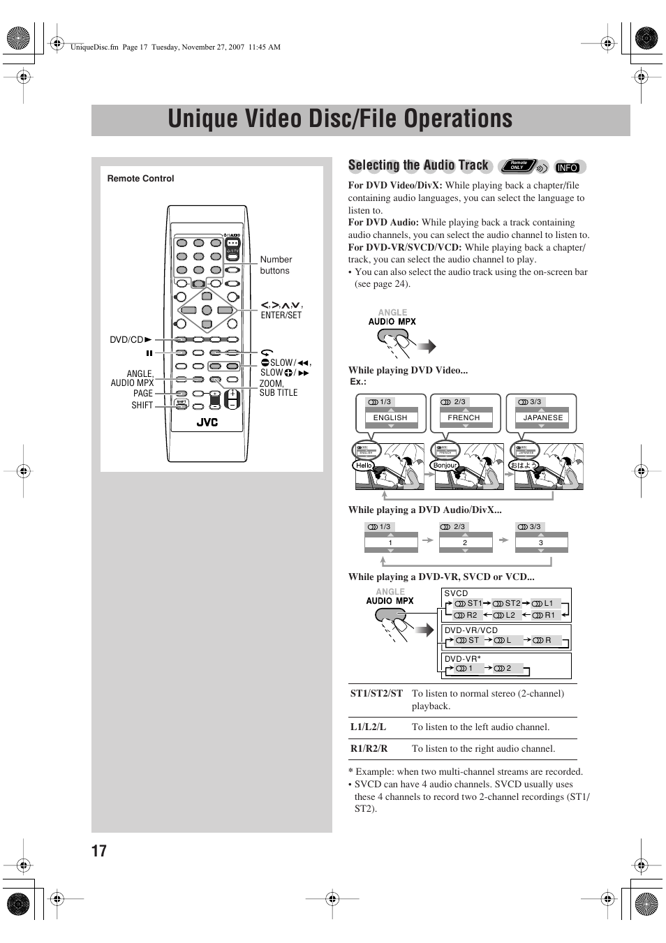 Unique video disc/file operations, Selecting the audio track | JVC CA-DXJ36 User Manual | Page 20 / 160