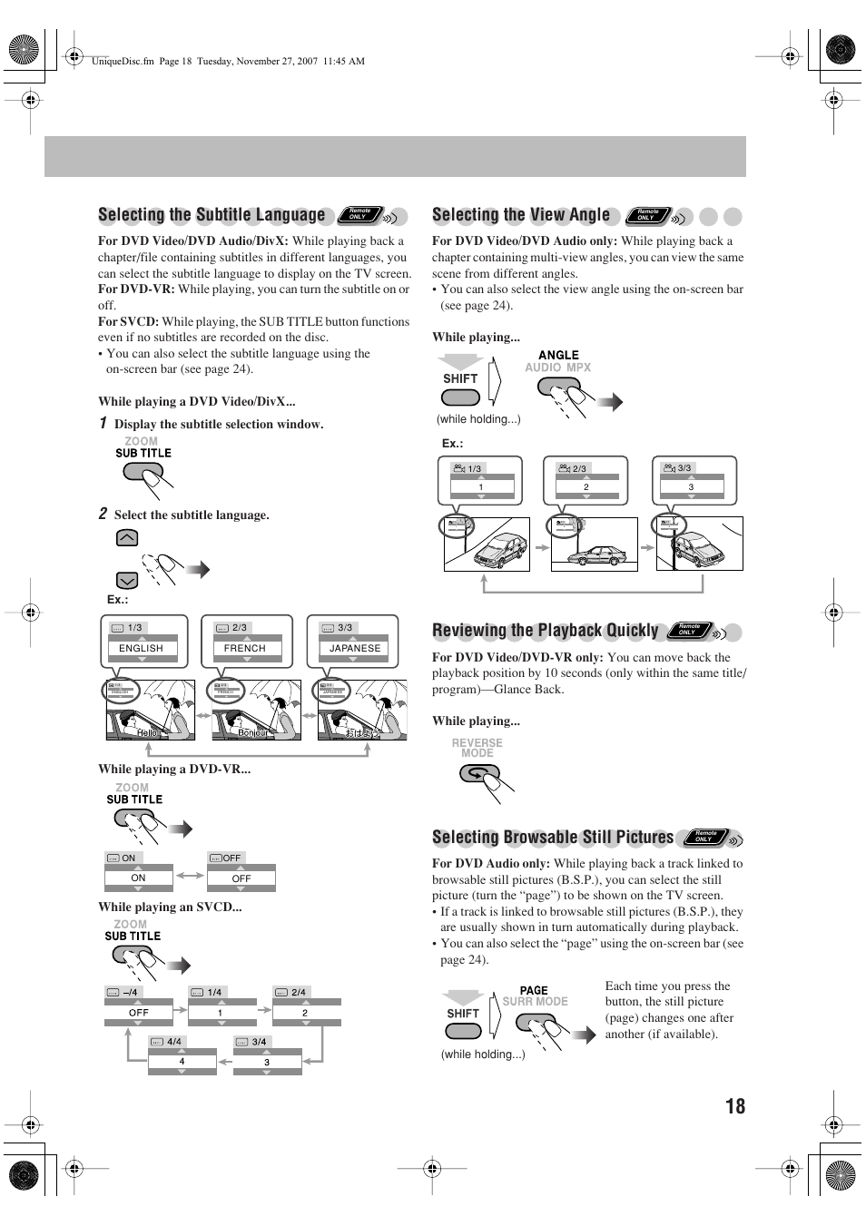 Selecting the subtitle language, Selecting the view angle, Reviewing the playback quickly | Selecting browsable still pictures | JVC CA-DXJ36 User Manual | Page 21 / 160