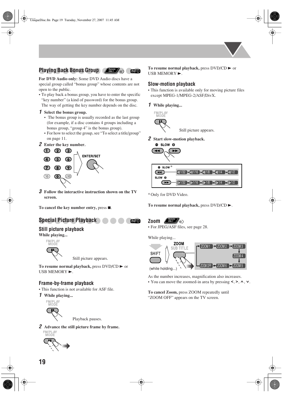 Playing back bonus group, Special picture playback | JVC CA-DXJ36 User Manual | Page 22 / 160