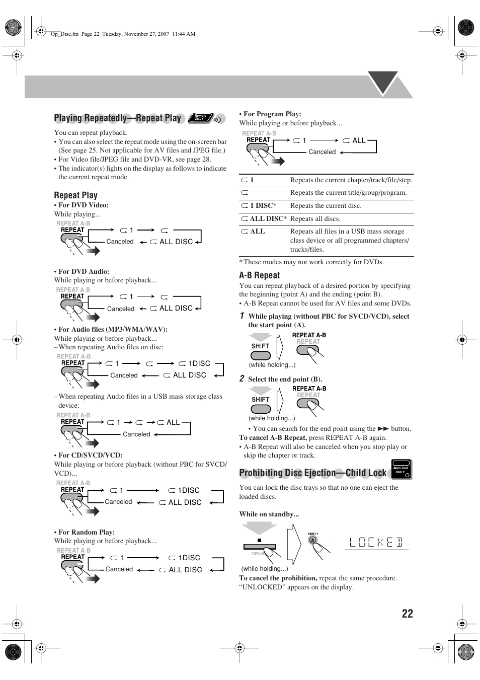 Playing repeatedly—repeat play, Prohibiting disc ejection—child lock | JVC CA-DXJ36 User Manual | Page 25 / 160