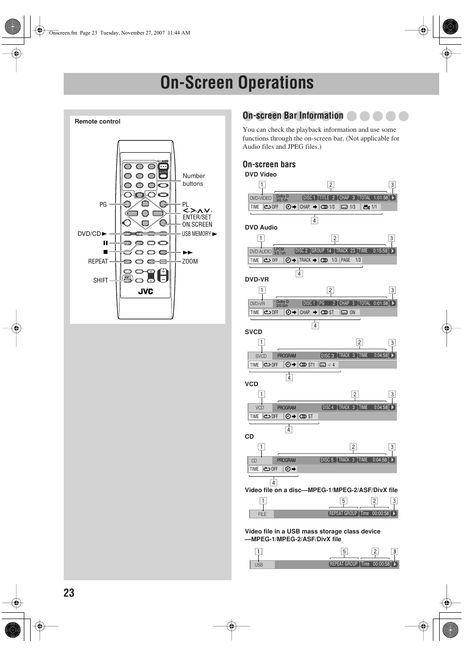 On-screen operations, On-screen bar information, On-screen bars | JVC CA-DXJ36 User Manual | Page 26 / 160