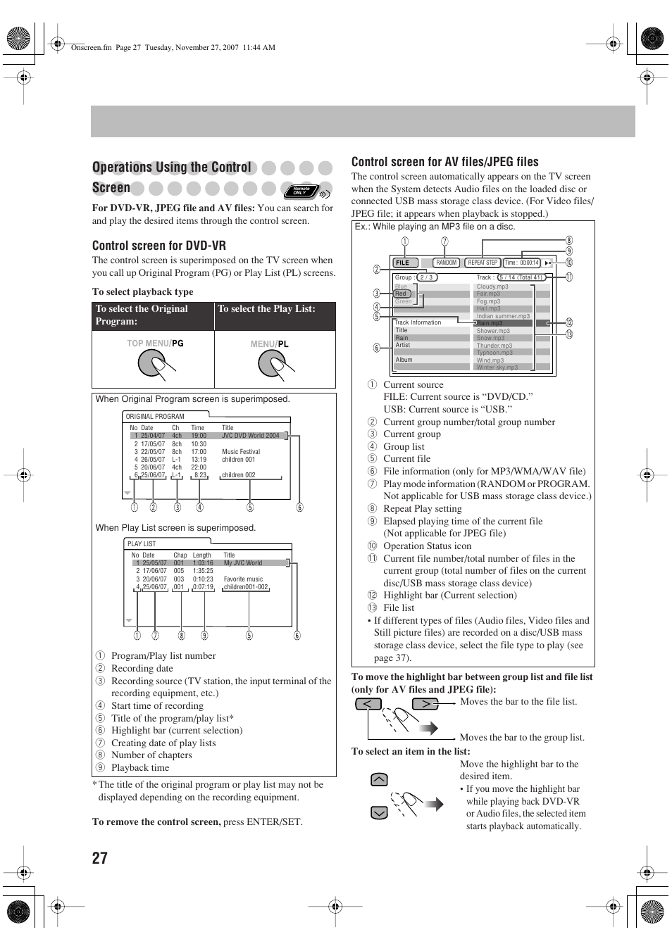 Operations using the control screen, Control screen for dvd-vr, Control screen for av files/jpeg files | JVC CA-DXJ36 User Manual | Page 30 / 160