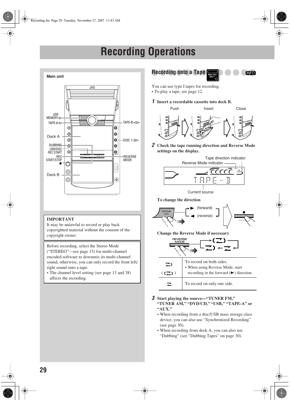 Recording operations, Recording onto a tape | JVC CA-DXJ36 User Manual | Page 32 / 160