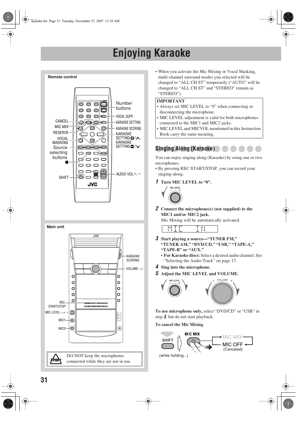 Enjoying karaoke, Singing along (karaoke) | JVC CA-DXJ36 User Manual | Page 34 / 160