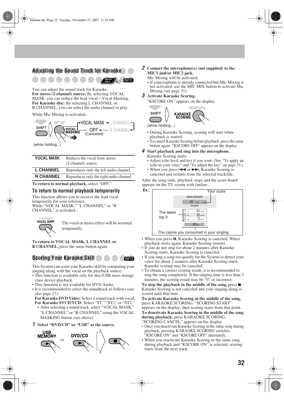 Adjusting the sound track for karaoke, Scoring your karaoke skill | JVC CA-DXJ36 User Manual | Page 35 / 160