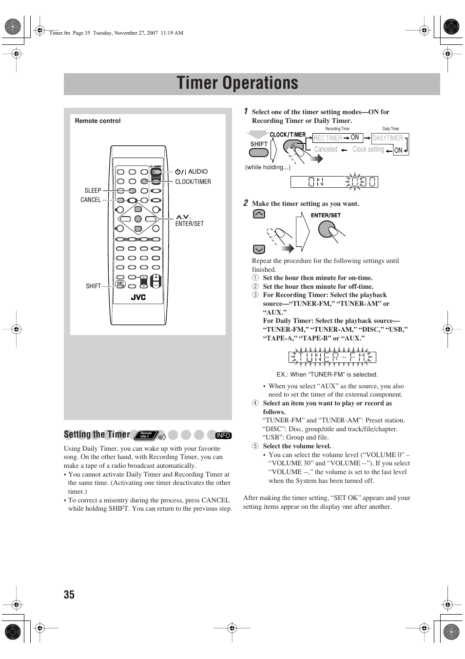 Timer operations, Setting the timer | JVC CA-DXJ36 User Manual | Page 38 / 160