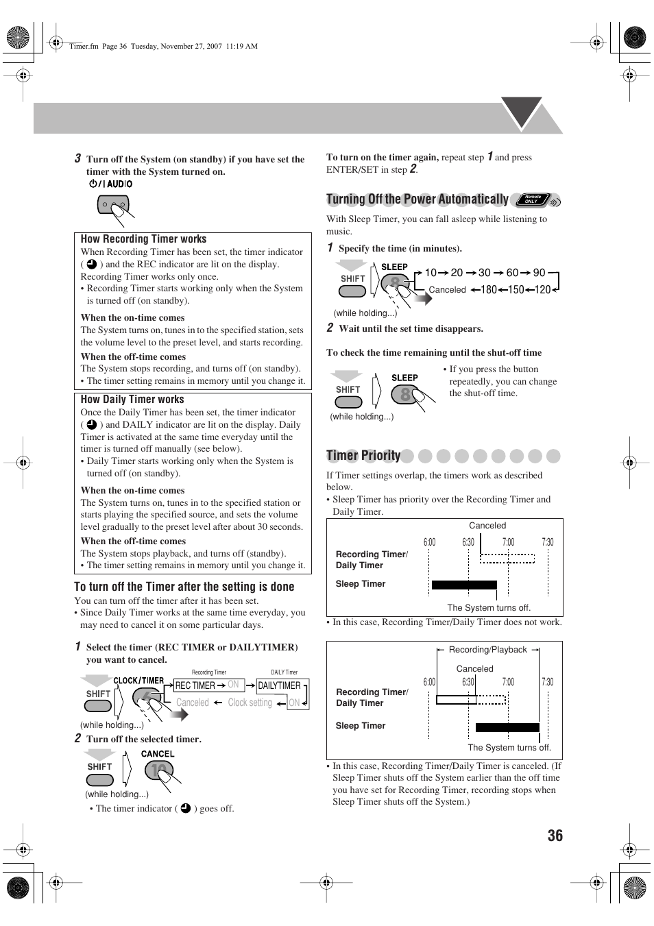 Turning off the power automatically, Timer priority | JVC CA-DXJ36 User Manual | Page 39 / 160