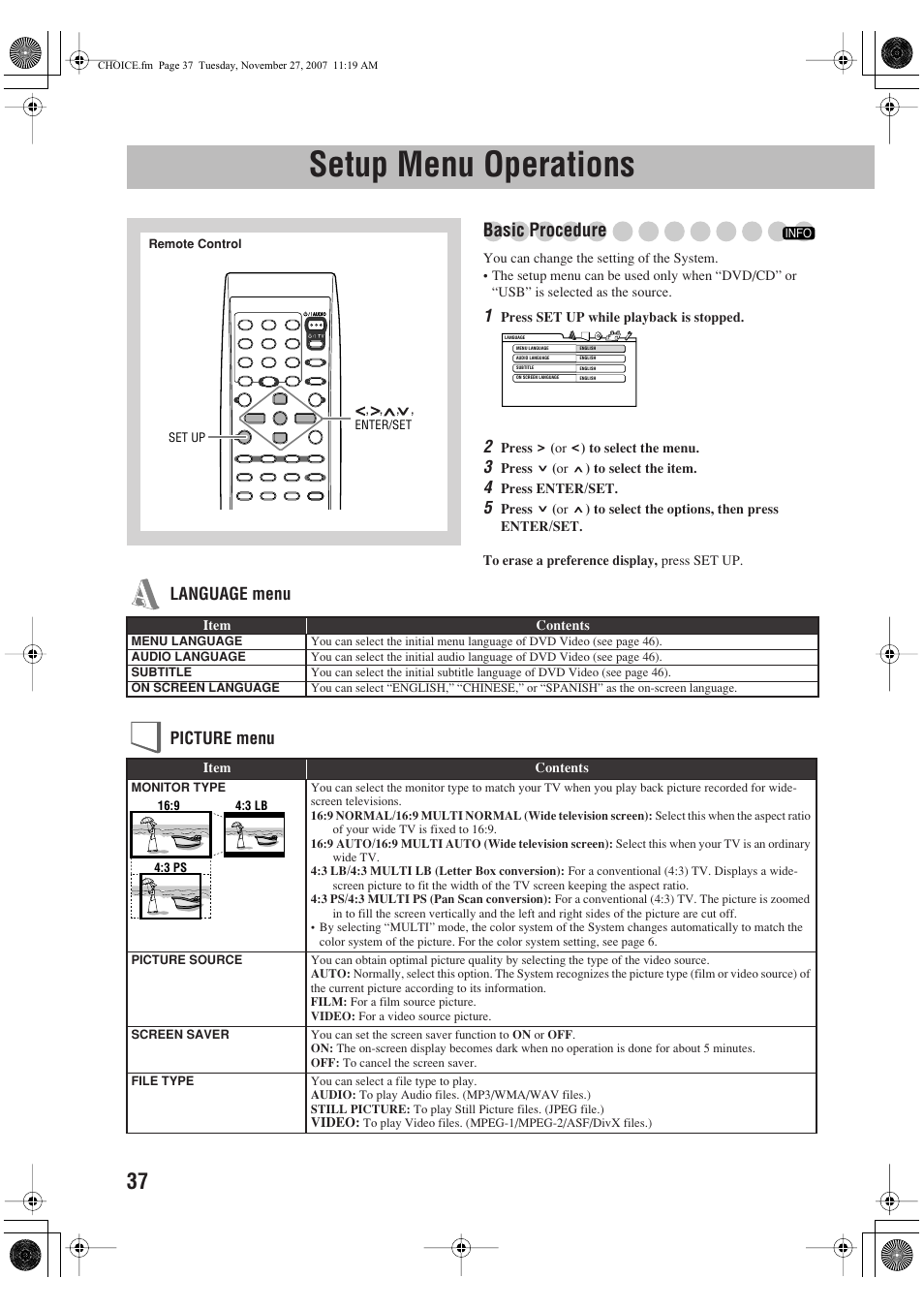 Setup menu operations, Basic procedure, Language menu picture menu | JVC CA-DXJ36 User Manual | Page 40 / 160