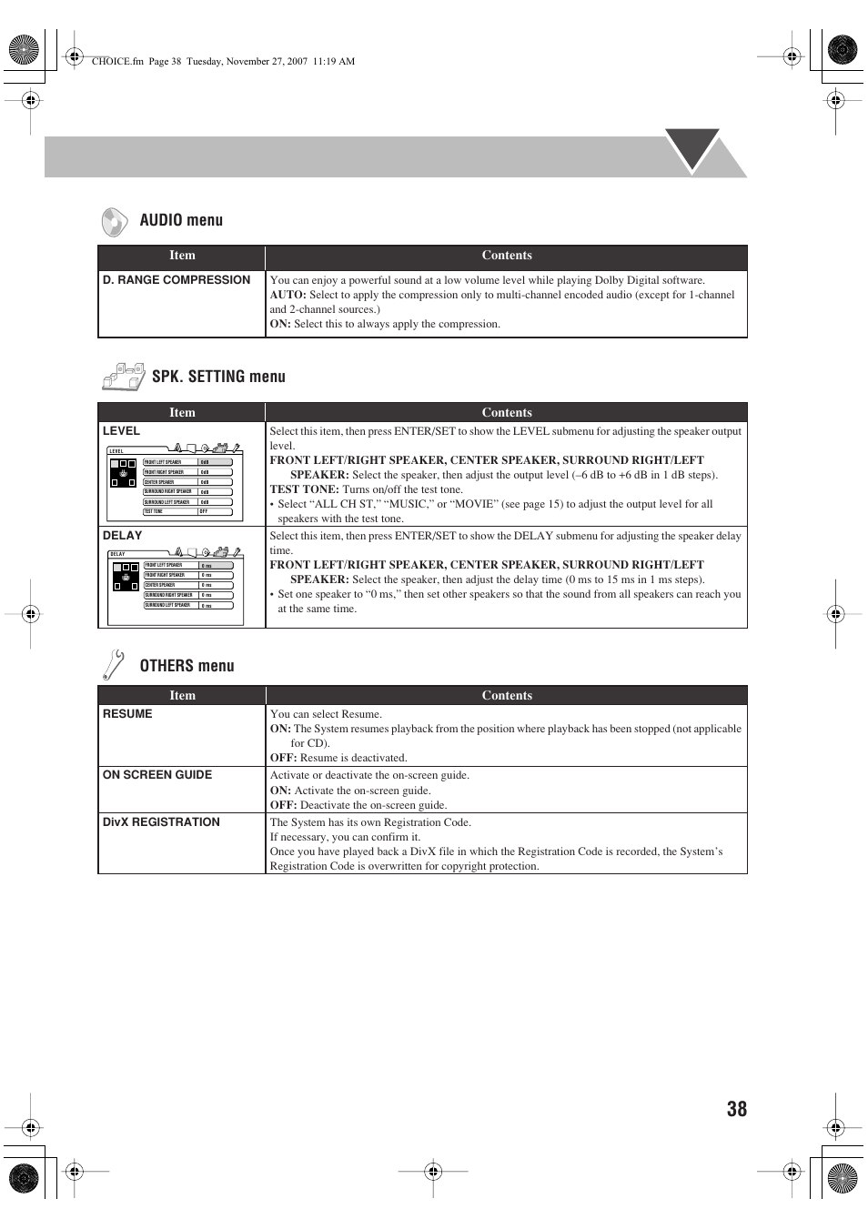 Audio menu, Spk. setting menu, Others menu | JVC CA-DXJ36 User Manual | Page 41 / 160