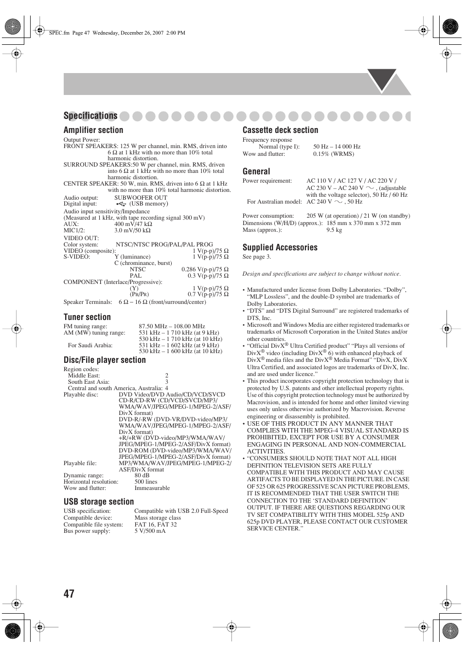 Specifications, General, Supplied accessories | JVC CA-DXJ36 User Manual | Page 50 / 160