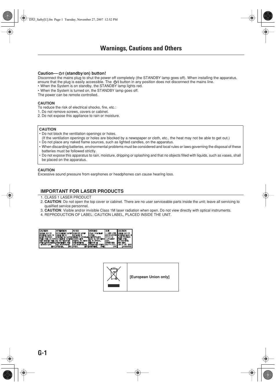 Warnings, cautions and others, Important for laser products, G-1 warnings, cautions and others | JVC CA-DXJ36 User Manual | Page 54 / 160