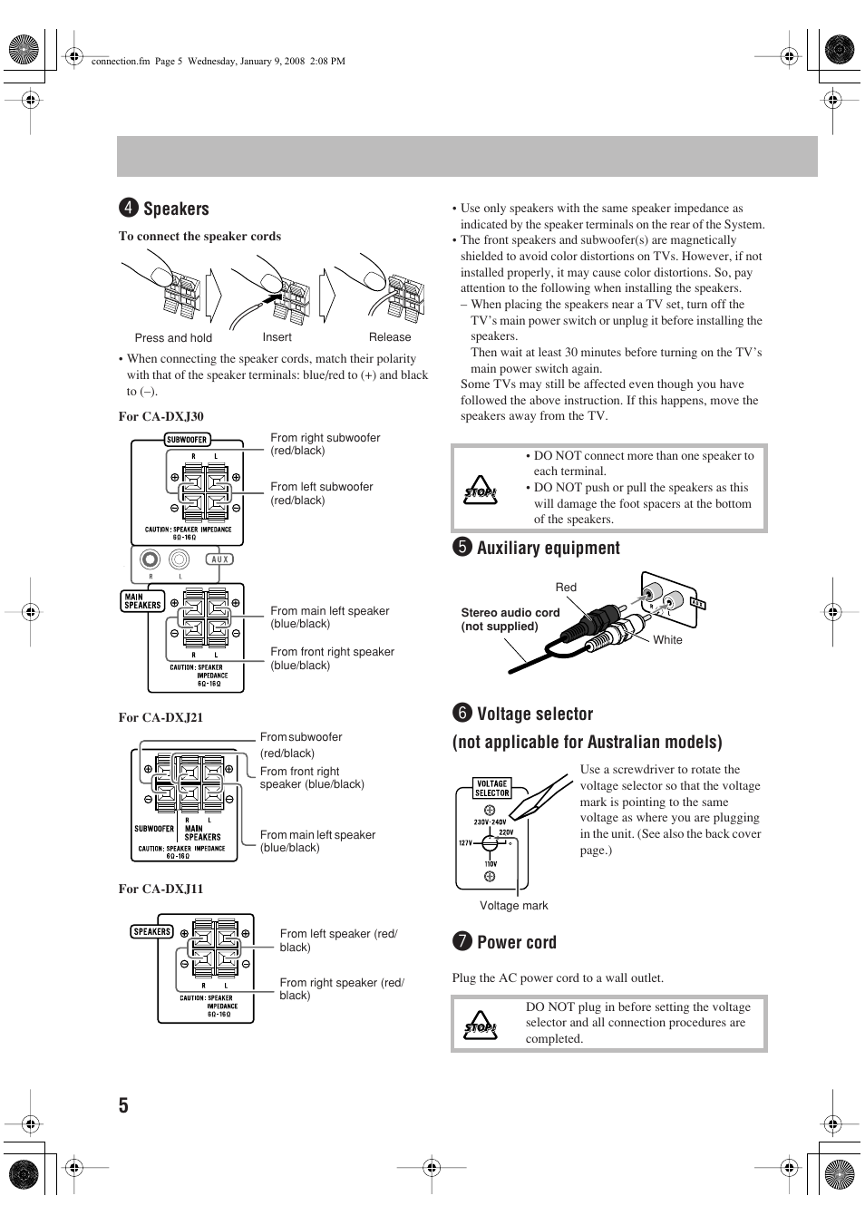 Speakers, Auxiliary equipment, Power cord | JVC CA-DXJ36 User Manual | Page 60 / 160