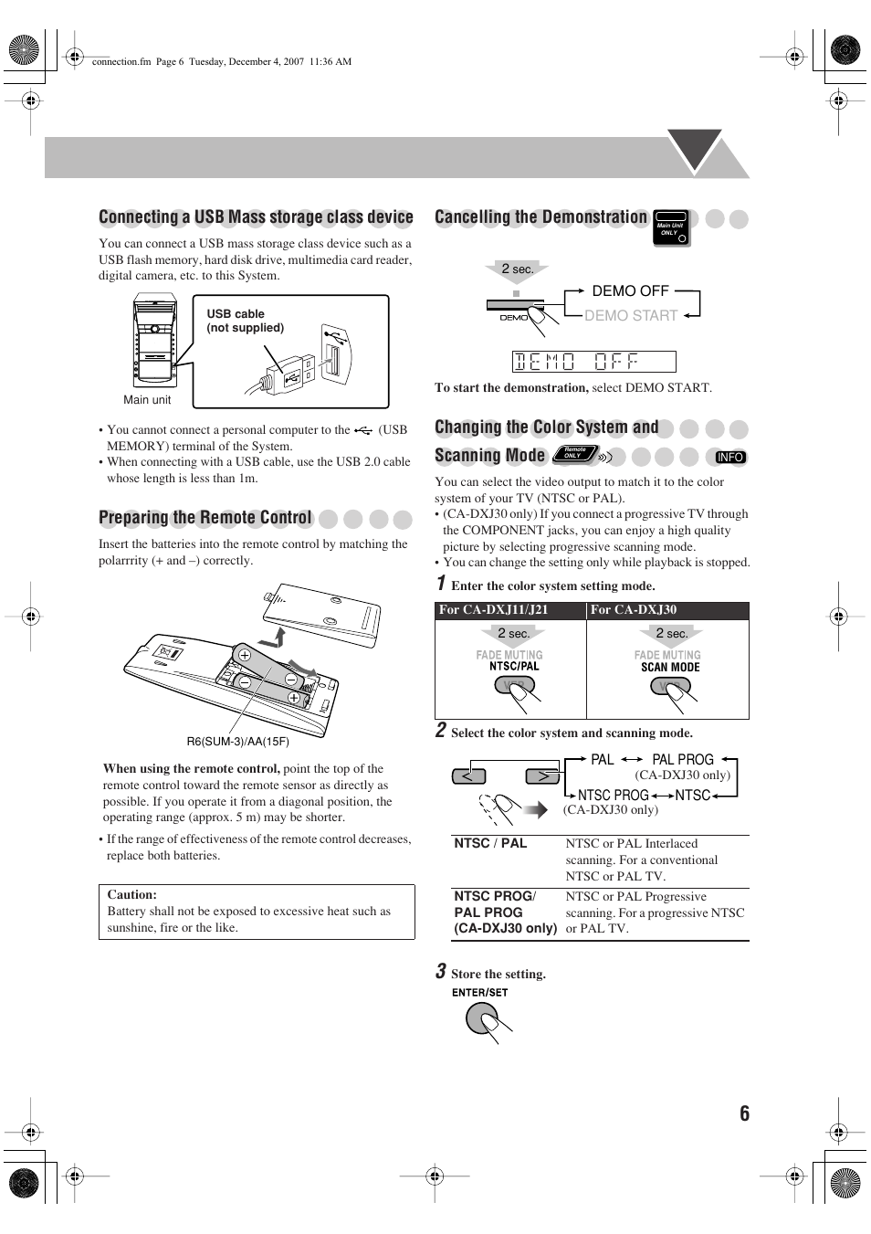 Connecting a usb mass storage class device, Preparing the remote control, Cancelling the demonstration | Changing the color system and scanning mode | JVC CA-DXJ36 User Manual | Page 61 / 160