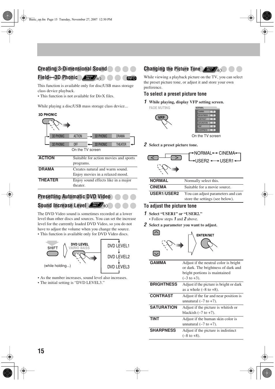 Creating 3-dimensional sound field—3d phonic, Changing, The picture tone | JVC CA-DXJ36 User Manual | Page 70 / 160