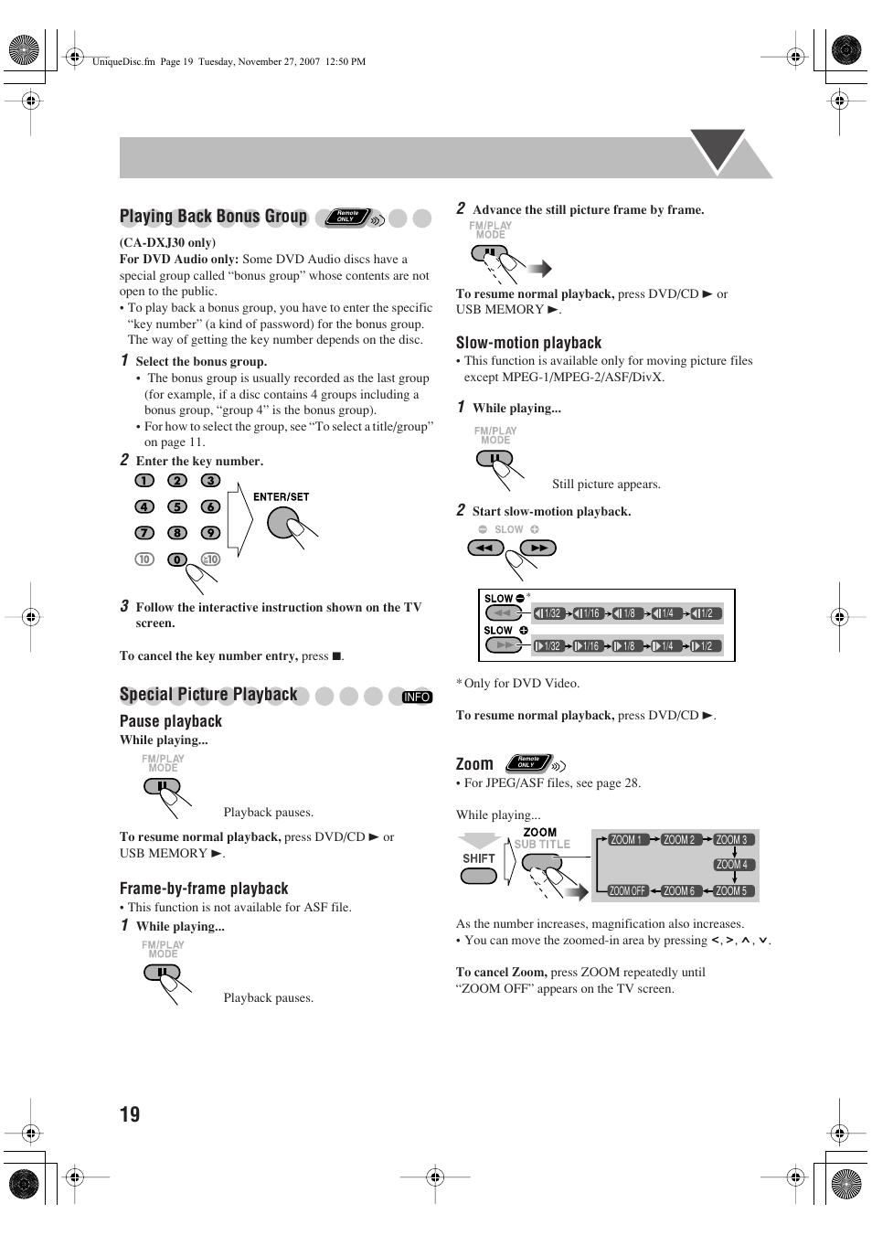 Playing back bonus group, Special picture playback | JVC CA-DXJ36 User Manual | Page 74 / 160