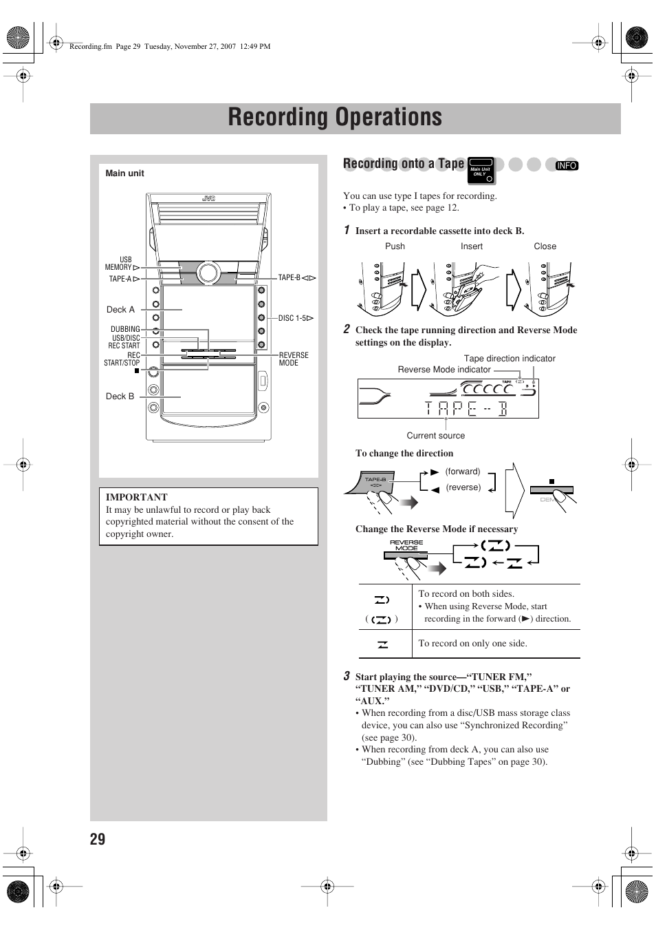 Recording operations, Recording onto a tape | JVC CA-DXJ36 User Manual | Page 84 / 160