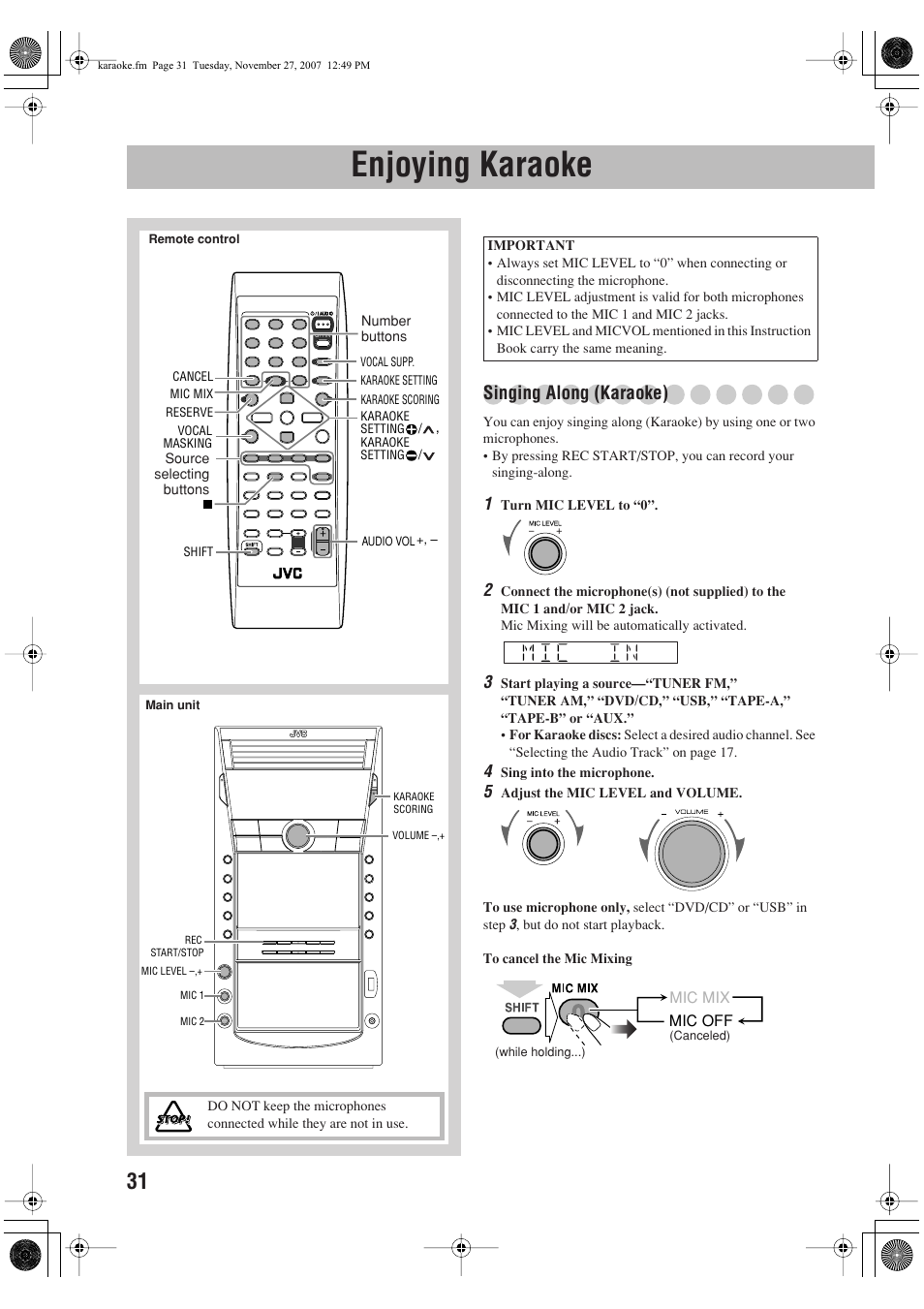 Enjoying karaoke, Singing along (karaoke) | JVC CA-DXJ36 User Manual | Page 86 / 160