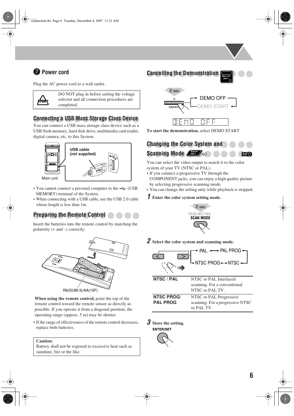 Power cord, Connecting a usb mass storage class device, Preparing the remote control | Cancelling the demonstration, Changing the color system and scanning mode | JVC CA-DXJ36 User Manual | Page 9 / 160