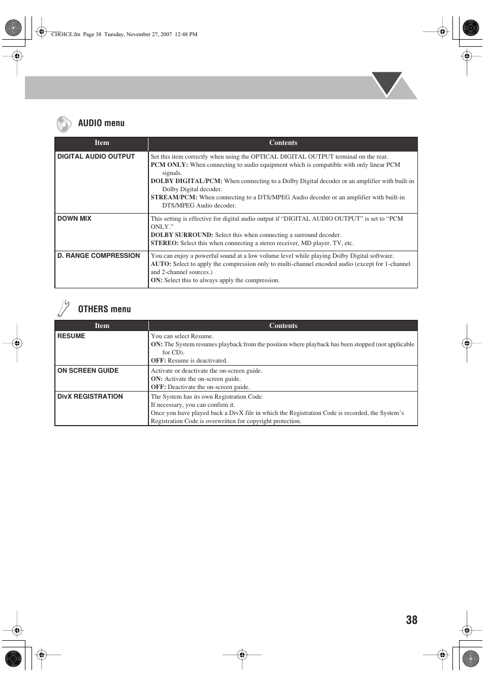 Audio menu, Others menu | JVC CA-DXJ36 User Manual | Page 93 / 160